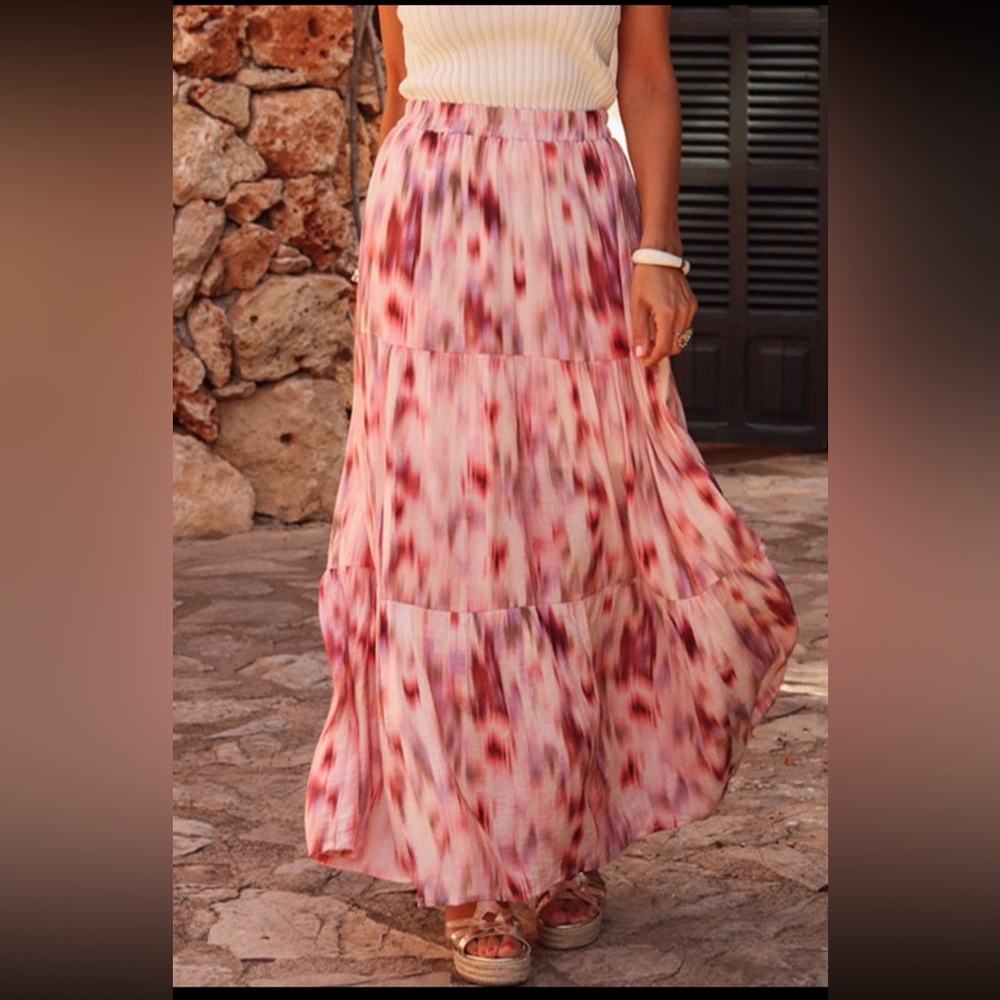 Pink Abstract Watercolor Tie Dye Maxi Skirt